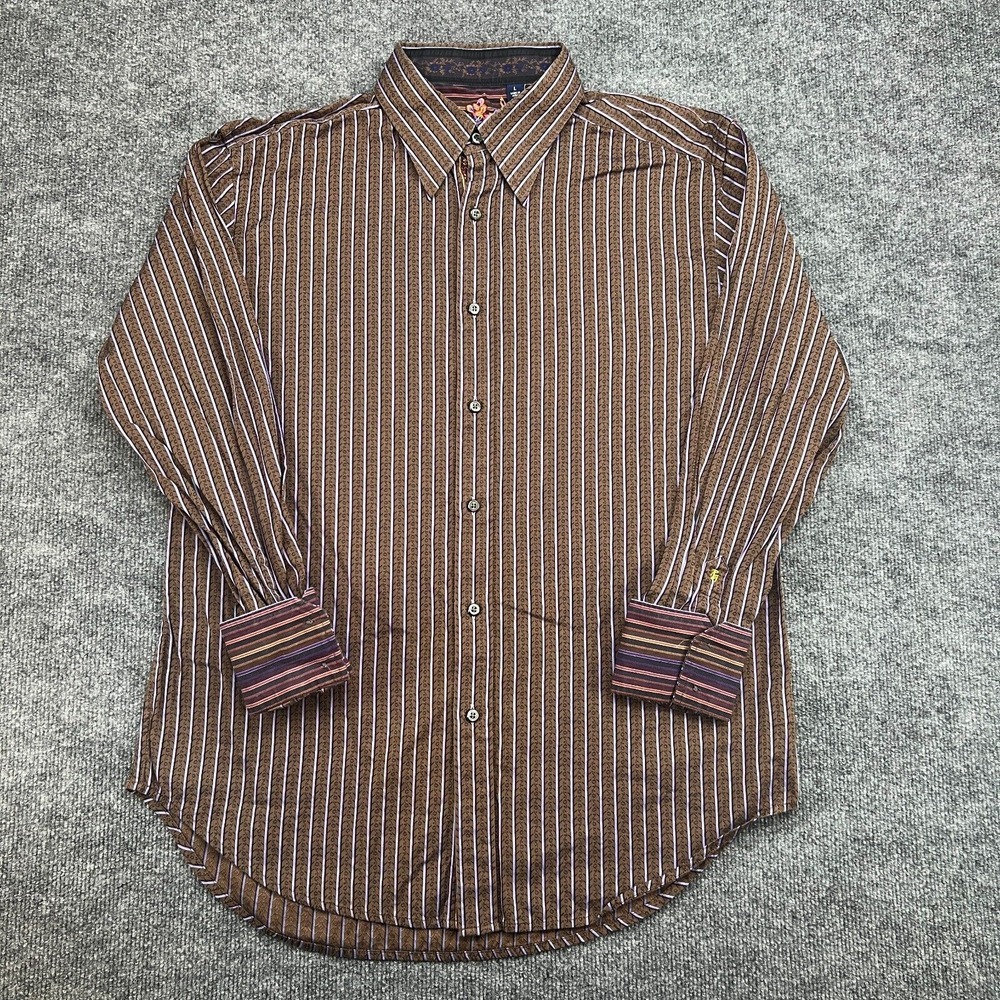 Robert Graham Shirt Men's L Brown Vertical Striped L/S Button Up Flip Cuffs